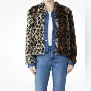 Harvey Faircloth Trendy Designer Leopard Print Faux Fur Jacket w/ Denim Accents